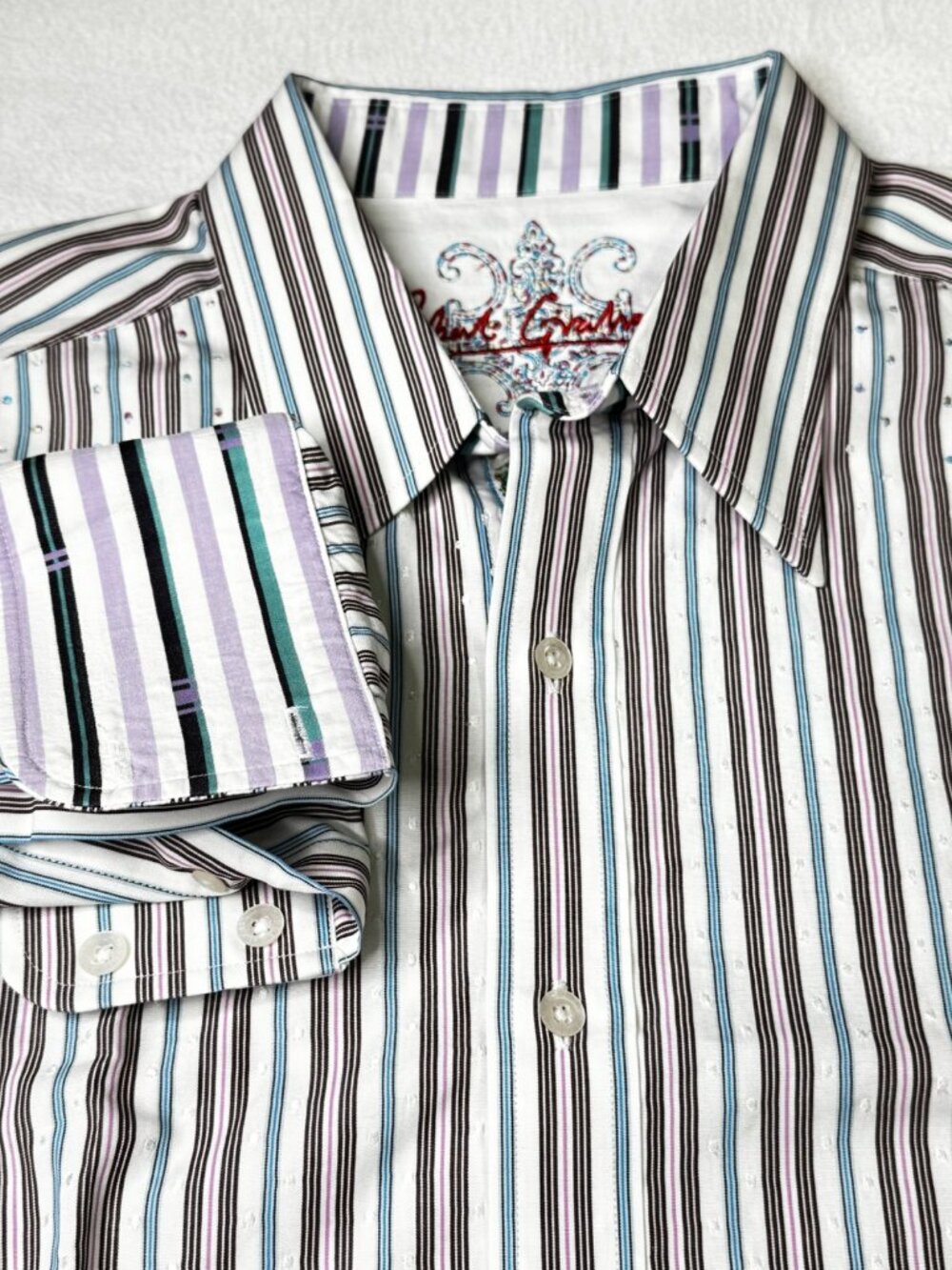 Robert Graham Men's Shirt 2XL Flip Cuff Striped Embroidered Turquoise
